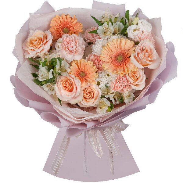 Cream gerbera - 3, Baltica White Spray Chrysanthemum - 2, Carnation white, cream - 5, Cream Rose 50 cm Ecuador (Creme Caramel) - 5, Alstromeria white, soft pink - 3, lisianthus - 2, Wrapping Paper