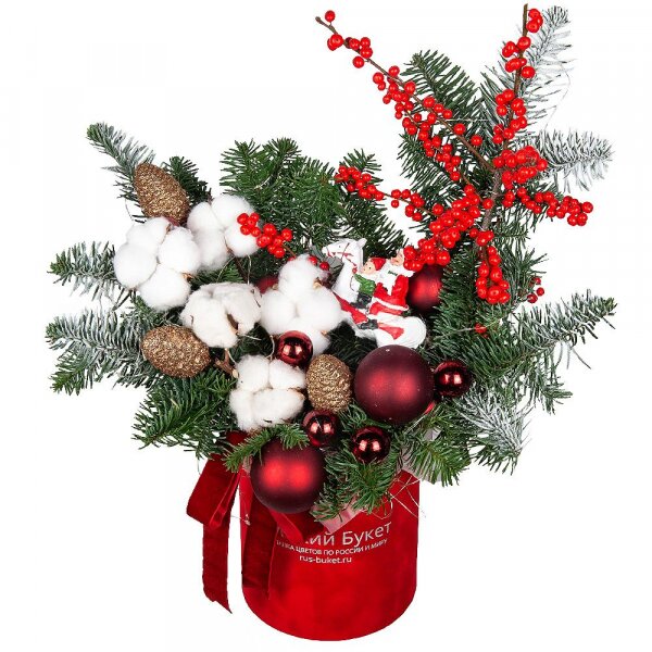 Round flower box small , Oasis, Spruce branches (1pc.), Christmas decor (set), Cotton branch, Ilex, Ribbon