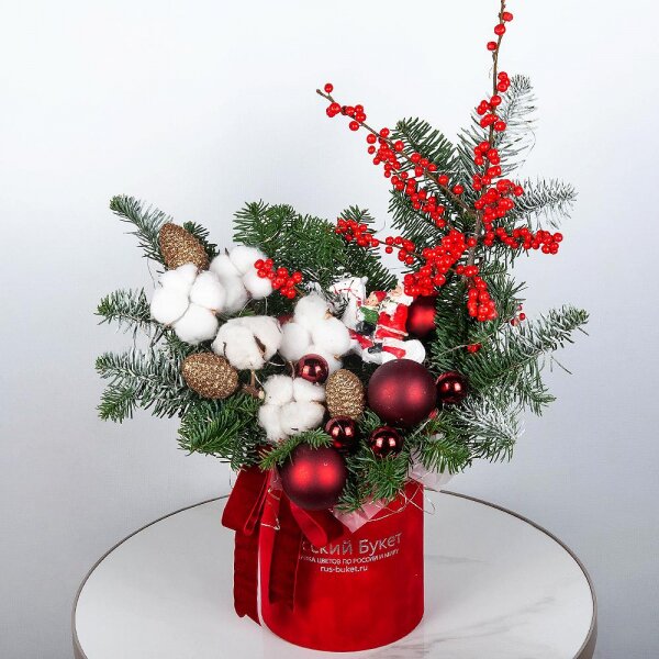 Round flower box small , Oasis, Spruce branches (1pc.), Christmas decor (set), Cotton branch, Ilex, Ribbon