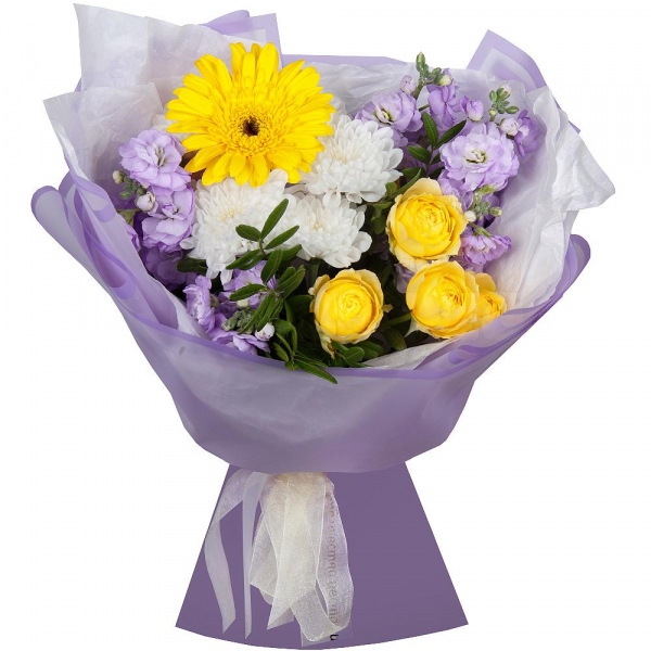 Baltica White Spray Chrysanthemum - 1, Gerbera yellow - 3, Spray rose: yellow, orange 50 cm - 1, Matthiola Lilac - 2, Pistachio, Wrapping Paper