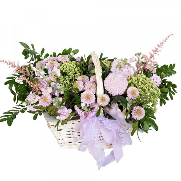 Momoko Chrysanthemum - 1, Spray Chrysanthemum Newton purple - 4, Matthiola Lilac - 2, Small Basket, Oasis, Sedum, Astilbe, Pistachio, Ribbon