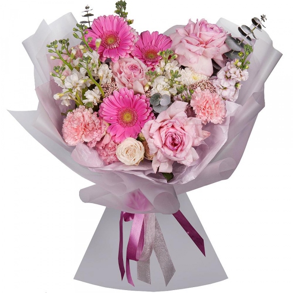 Gerbera pink - 3, Matthiola Lilac - 4, Pink carnation - 3, Pink Lisianthus (Eustoma) - 1, Peony rose pink 'OHara' - 3, Peony sprayrose - 1, Baltica White Spray Chrysanthemum - 1, Ozotamnus, Eucalyptus, Wrapping Paper