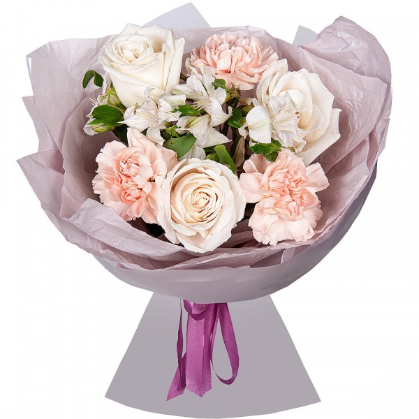 White rose 50 cm - 3, Carnation white, cream - 3, Alstromeria white, soft pink - 2, Wrapping Paper
