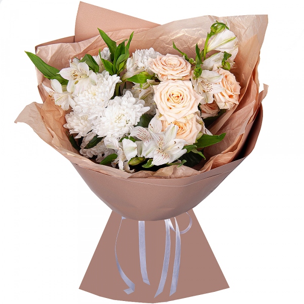 Baltica White Spray Chrysanthemum - 1, Alstromeria white, soft pink - 3, Spray rose: white, cream, light pink 50 cm - 1, Wrapping Paper