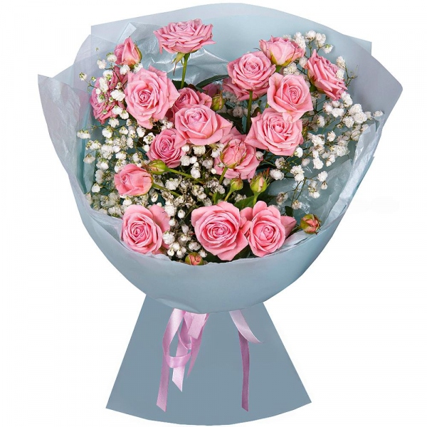 Bright pink spray rose mix, 50 cm - 3, Gypsophila - 1, Wrapping Paper