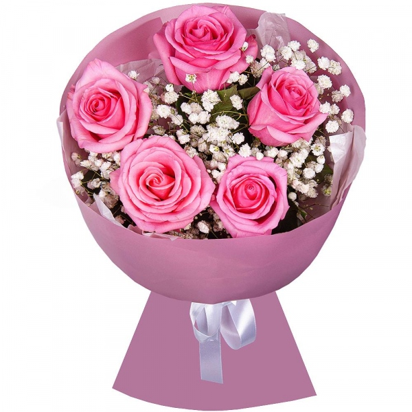 Pink rose 50 cm - 5, Gypsophila - 1, Wrapping Paper
