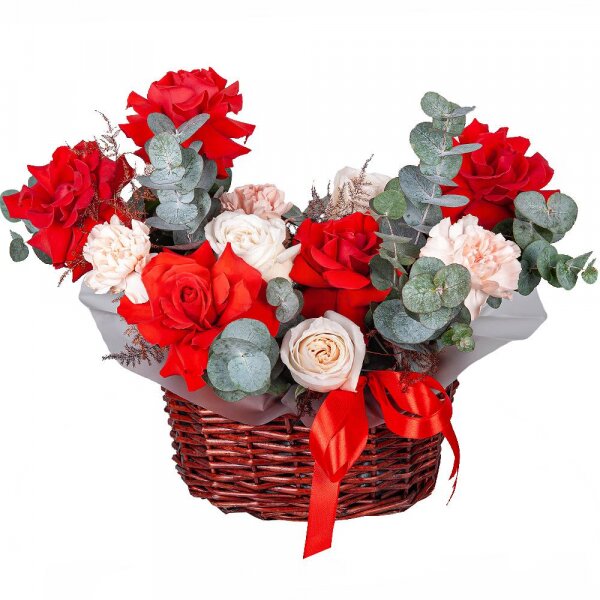 Rose Red 50 cm Ecuador - 5, Peony style roses - 3, Pink carnation - 7, Small Basket, Oasis, Eucalyptus, Asparagus umbelatus (1 pc.), Wrapping Paper
