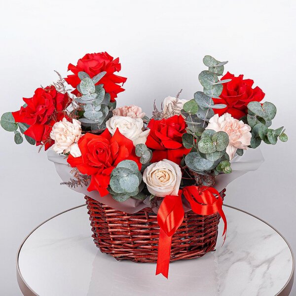 Rose Red 50 cm Ecuador - 5, Peony style roses - 3, Pink carnation - 7, Small Basket, Oasis, Eucalyptus, Asparagus umbelatus (1 pc.), Wrapping Paper