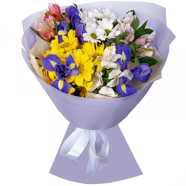 Bacardi White Spray Chrysanthemum - 1, Irises - 5, Alstromeria white, soft pink - 2, Alstromeria Red, Bright Pink - 1, Bacardi Yellow Spray Chrysanthemum - 1, Wrapping Paper