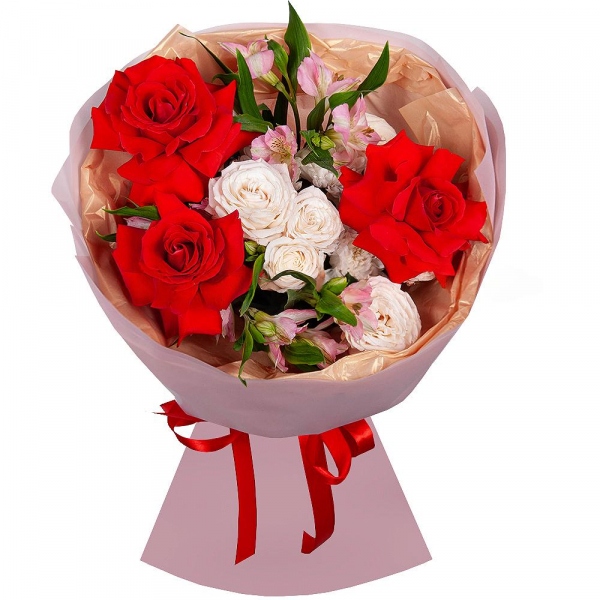 Red rose Nina 50 cm - 3, Baltica White Spray Chrysanthemum - 1, Peony sprayrose - 1, Alstromeria white, soft pink - 6, Wrapping Paper