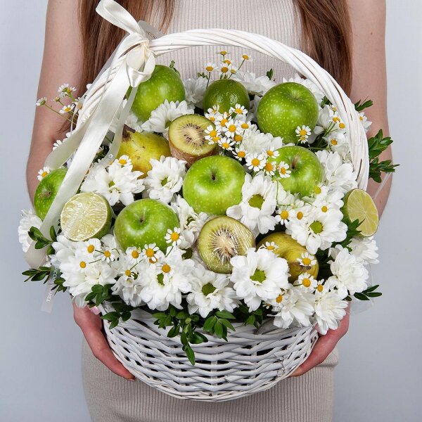 Bacardi White Spray Chrysanthemum - 4, Chamomile - 2, Medium Basket, Oasis, Pistachio, Apple, 1 pc., Kiwi, Lemon, 1 pc., Pear, Wooden skewer, Ribbon