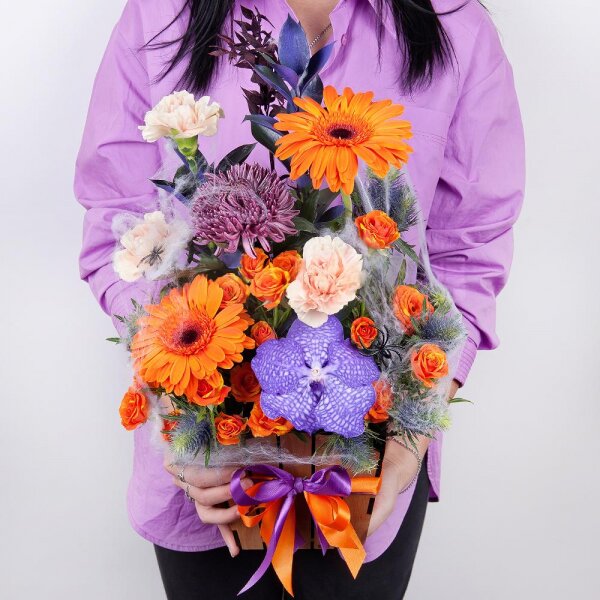 Gerbera daisies - 2, Chrysanthemum Bigoudi purple - 1, Spray rose: yellow, orange 50 cm - 2, Vanda Orchid bud - 1, Carnation white, cream - 3, Wooden pot, Oasis, Ruscus, Pistachio, Flask for orchids, Eryngium, Dried flowers decor, Decorative element small, Ribbon