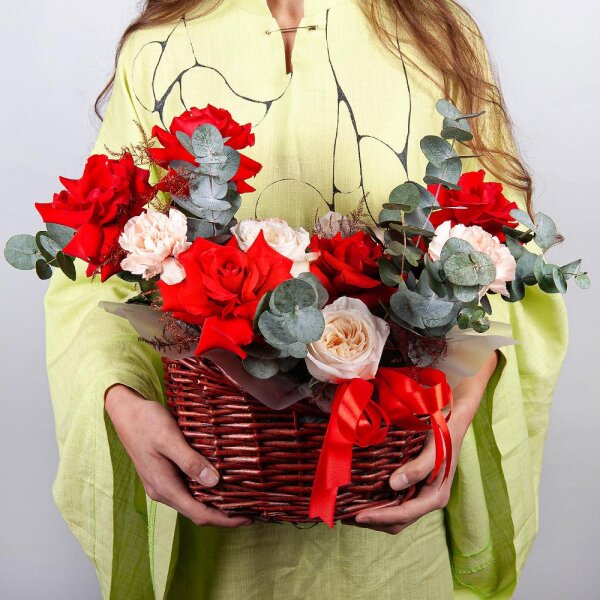 Rose Red 50 cm Ecuador - 5, Peony style roses - 3, Pink carnation - 7, Small Basket, Oasis, Eucalyptus, Asparagus umbelatus (1 pc.), Wrapping Paper