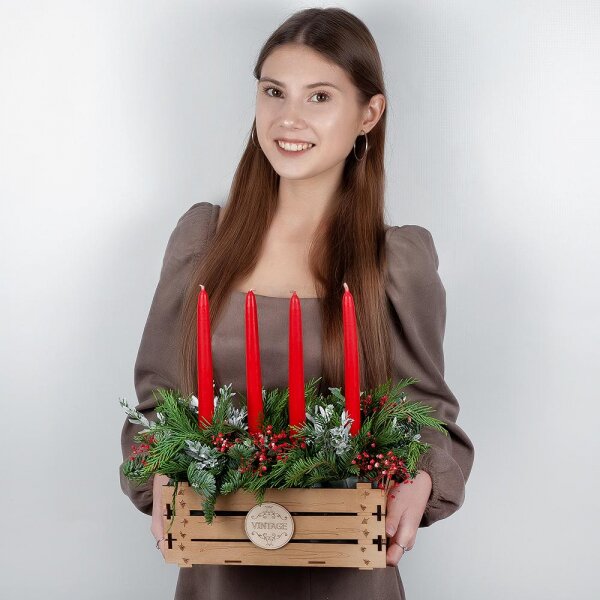 Gypsophila - 1, Spruce branches (1pc.), Thuja, Oasis, Wooden pot, Pistachio, Candle
