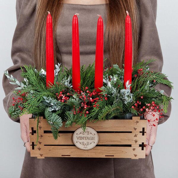 Gypsophila - 1, Spruce branches (1pc.), Thuja, Oasis, Wooden pot, Pistachio, Candle