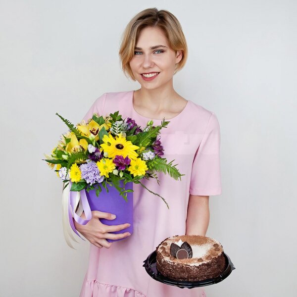 Gerbera yellow - 1, Lilac carnation - 2, Orchid bud yellow/brown Cymbidium - 2, Alstromeria Yellow, Orange - 1, Purple Lisianthus (Eustoma) - 4, Bacardi Yellow Spray Chrysanthemum - 2, Alstromeria lilac, purple - 1, Round flower box small , Film, Oasis, Pistachio, Ruscus, Ambrella, Flask for orchids, Ribbon, Cake in assortment