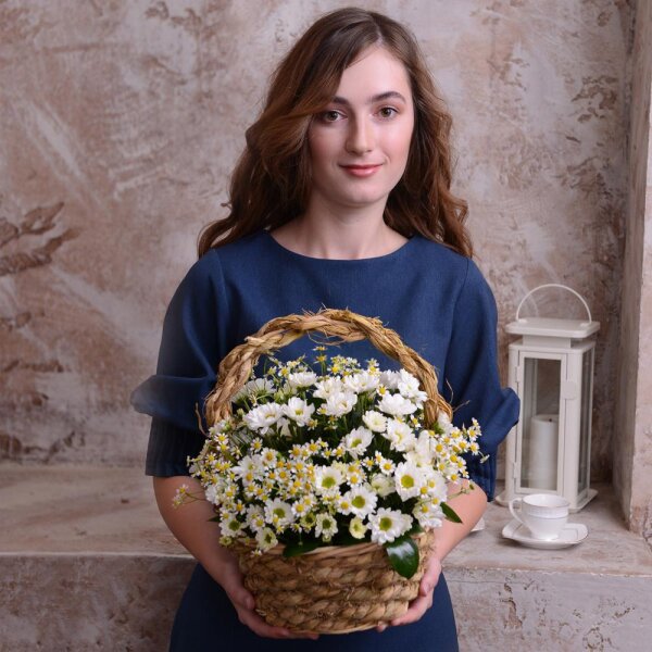 Chamomile - 7, Santini White Spray Chrysanthemum - 6, Medium Basket, Oasis, Ruscus
